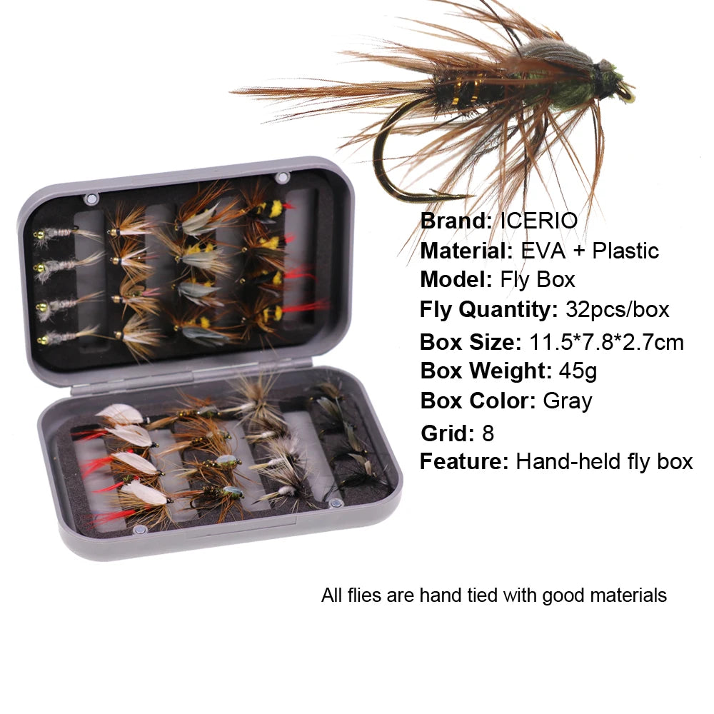 ICERIO Trout Fly Fishing Assorted Flies Kit 32pcs/box Nymph Dry Wet Flies Fishing Fly Lure Bait