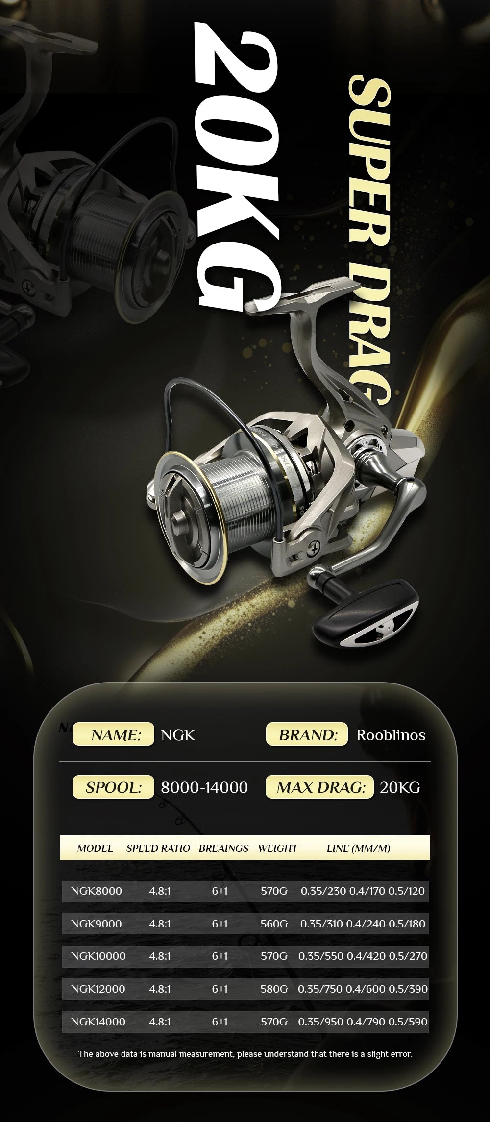 Rooblinos Stainless Steel Bearing Spinning Fishing Reel 8000 9000 10000 12000 14000 25KG Powerful Reel Saltwater Fresh Water