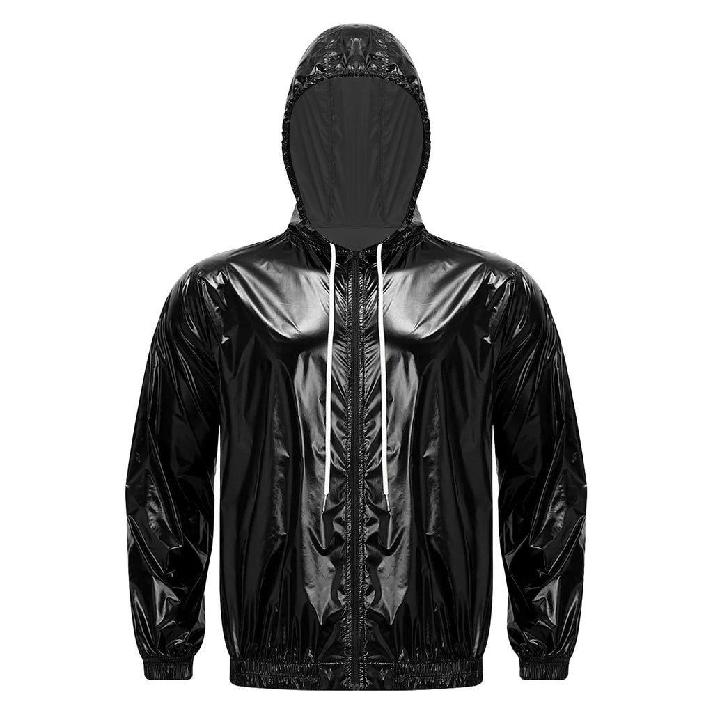 Men Waterproof Hooded Jacket Long Sleeve Front Zip-up Drawstring Hood Outerwear Windbreaker Raincoat for Hiking Fishing Biking