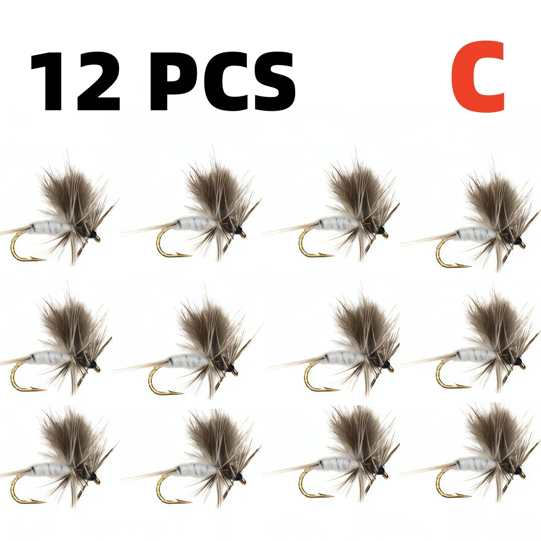 12Pcs Dry Flies for Trout, 4 Sizes Mosquito Imitation Fishing Flies, Premium Fly Fishing Lures for Freshwater Bass Salmon