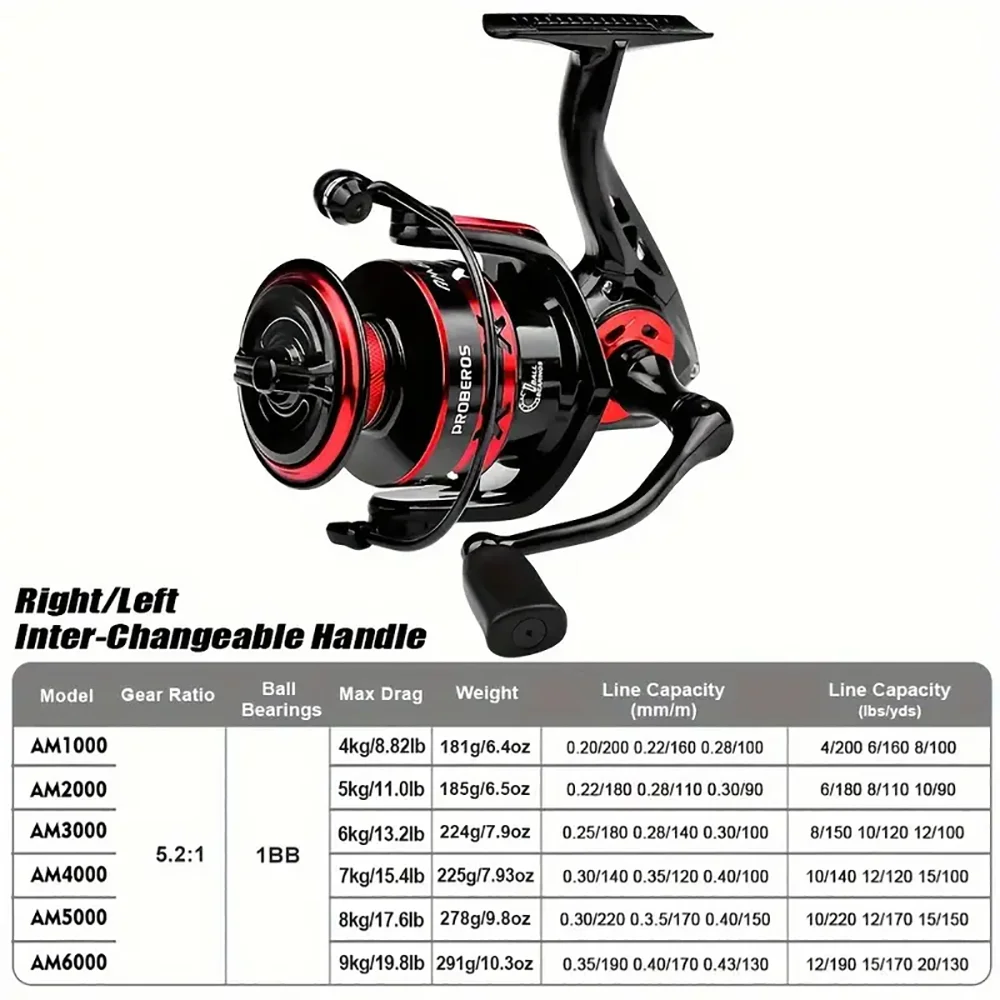 PROBEROS Fishing Reel 5.2:1 1000-6000 Max Drag 9KG Spinning Reels Metal Spool Reel drag fishing reel,Fishing Accessories