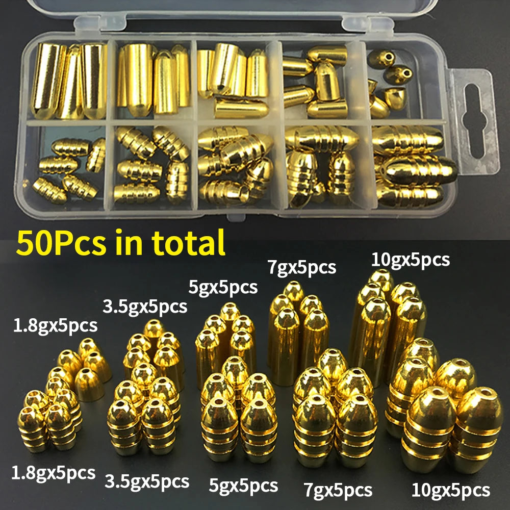 50Pcs Brass Fishing Weights Bullet Copper Sinkers Texas Carolina Rig Tackle Sliding Slip Sinker Worm Weights 1.8g-10g