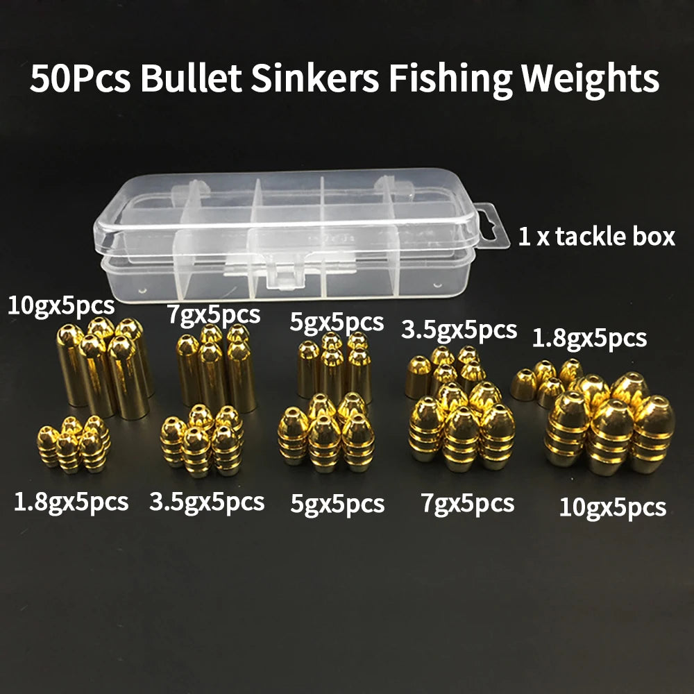 50Pcs Brass Fishing Weights Bullet Copper Sinkers Texas Carolina Rig Tackle Sliding Slip Sinker Worm Weights 1.8g-10g