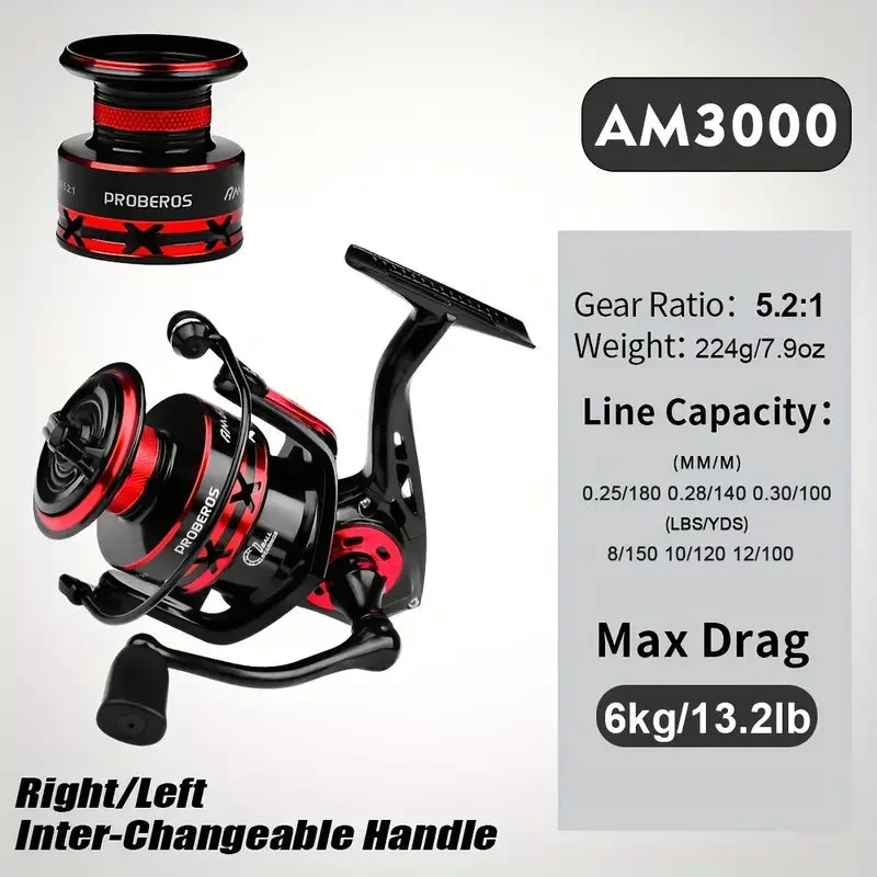 PROBEROS Fishing Reel 5.2:1 1000-6000 Max Drag 9KG Spinning Reels Metal Spool Reel drag fishing reel,Fishing Accessories