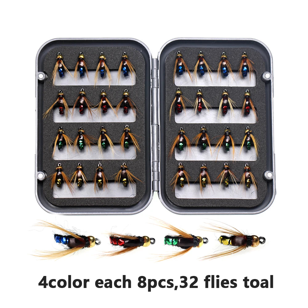 5/10/32pc Flies Kit Brass Bead Head Fast Sinking Nymph Scud Fly Bug Worm Trout Fishing Flies Artificial Insect Bait Fishing Lure