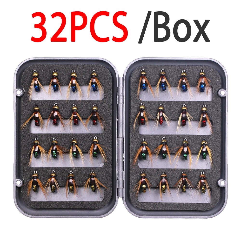 5/10/32pc Flies Kit Brass Bead Head Fast Sinking Nymph Scud Fly Bug Worm Trout Fishing Flies Artificial Insect Bait Fishing Lure
