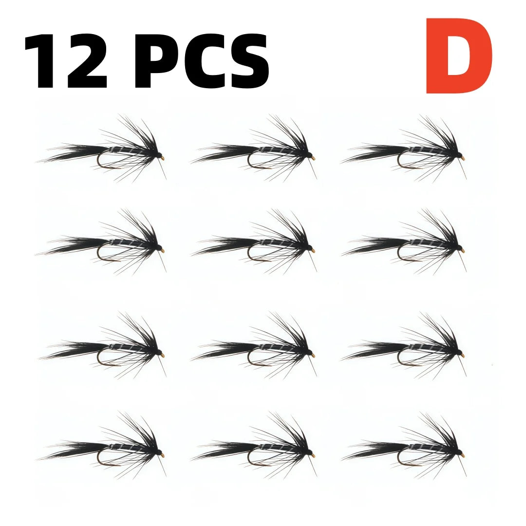 12Pcs Dry Flies for Trout, 4 Sizes Mosquito Imitation Fishing Flies, Premium Fly Fishing Lures for Freshwater Bass Salmon