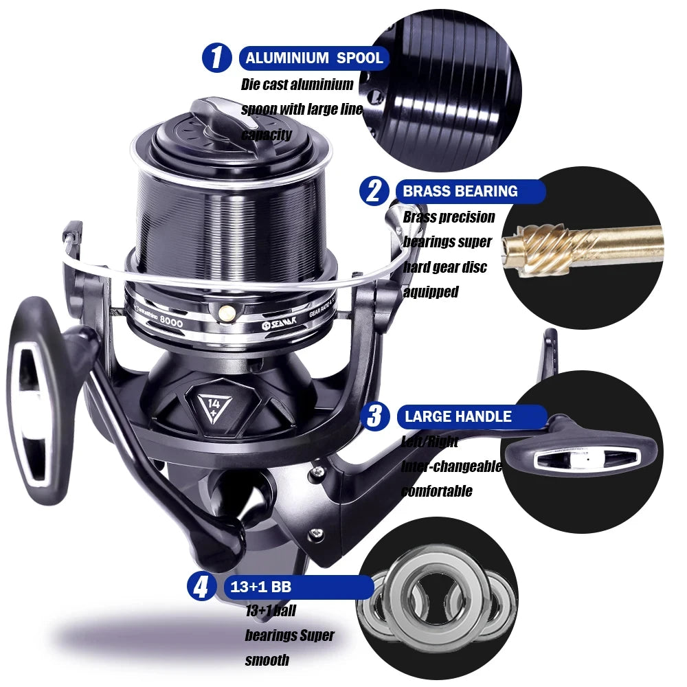 Fishing Reel Distant Wheel Sea Surf Spinning Reels Carbon Drag 27kg 13+1BB Saltwater Boat Coil Accesorios Open Face Carretilha