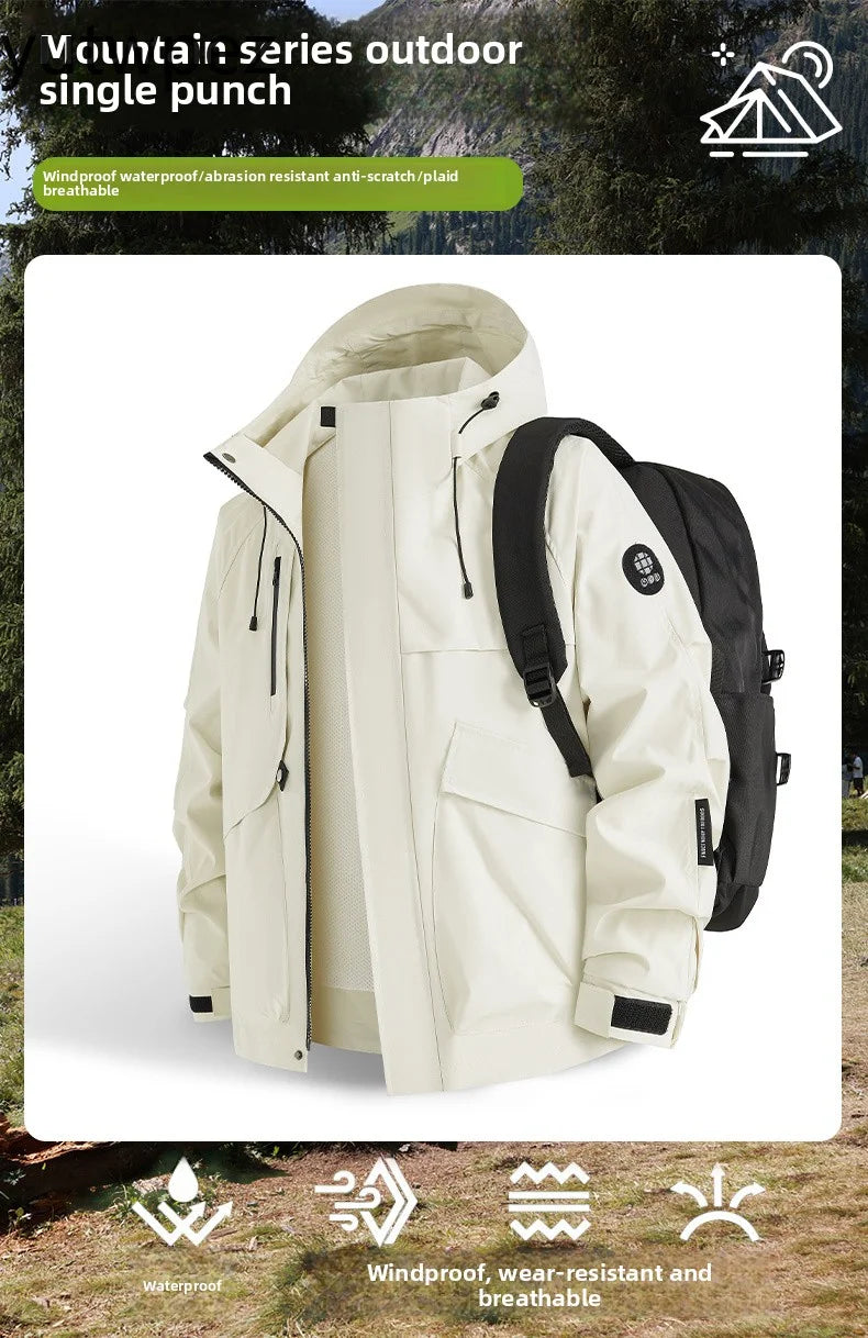 Waterproof Jacket Men Outdoor Hiking Camping Windbreaker Hooded Softshell Zip Up Coats Lightweight Unisex Spring Autumn Coats