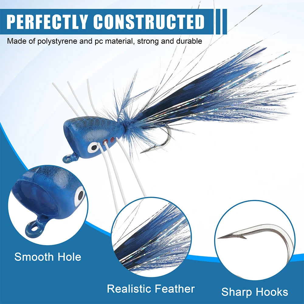2Pcs Fly Fishing Popper Lures Bass Popper Flies Dry Fly Fishing Flies Topwater Panfish Bluegill Popper Bait Bug with Hooks