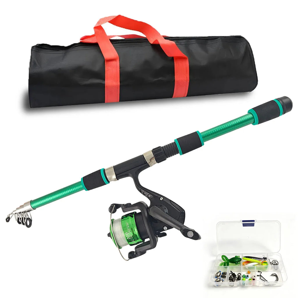 Fishing Rod Reel Combo Full Kit Telescopic Fishing Rods Spinning Reels Set with Hooks Soft Lures Barrel Swivels