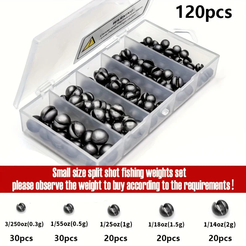 60/120pcs Fishing Weights Kit,Premium Split Shot Sinkers with 5 Versatile Sizes, Round Removable Design, Perfect for Freshwater