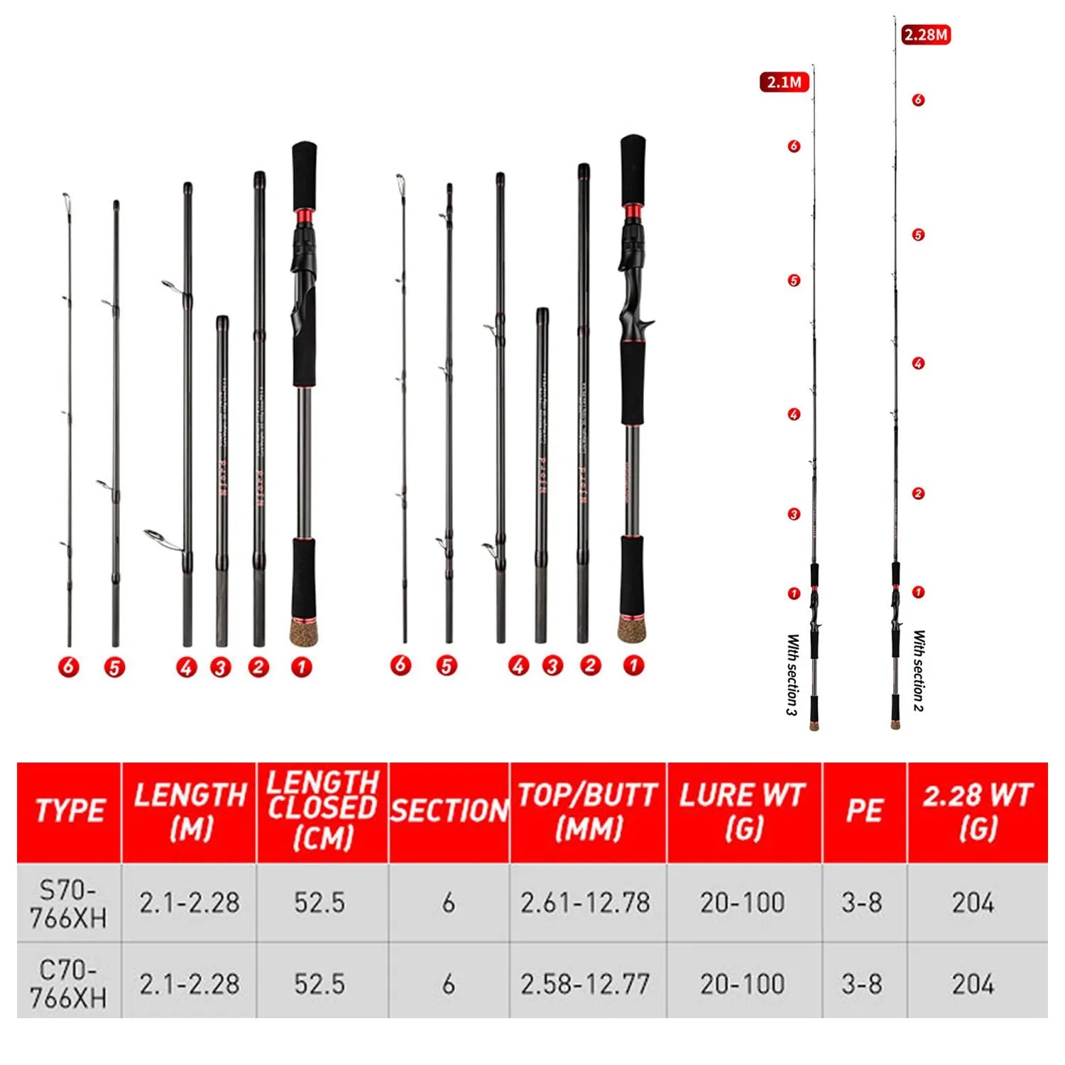 Fishing Rod 6 Section Casting Spinning Portable Travel Fishing Rod 30T Carbon Fiber For Big Game Rod Ultralight Weight