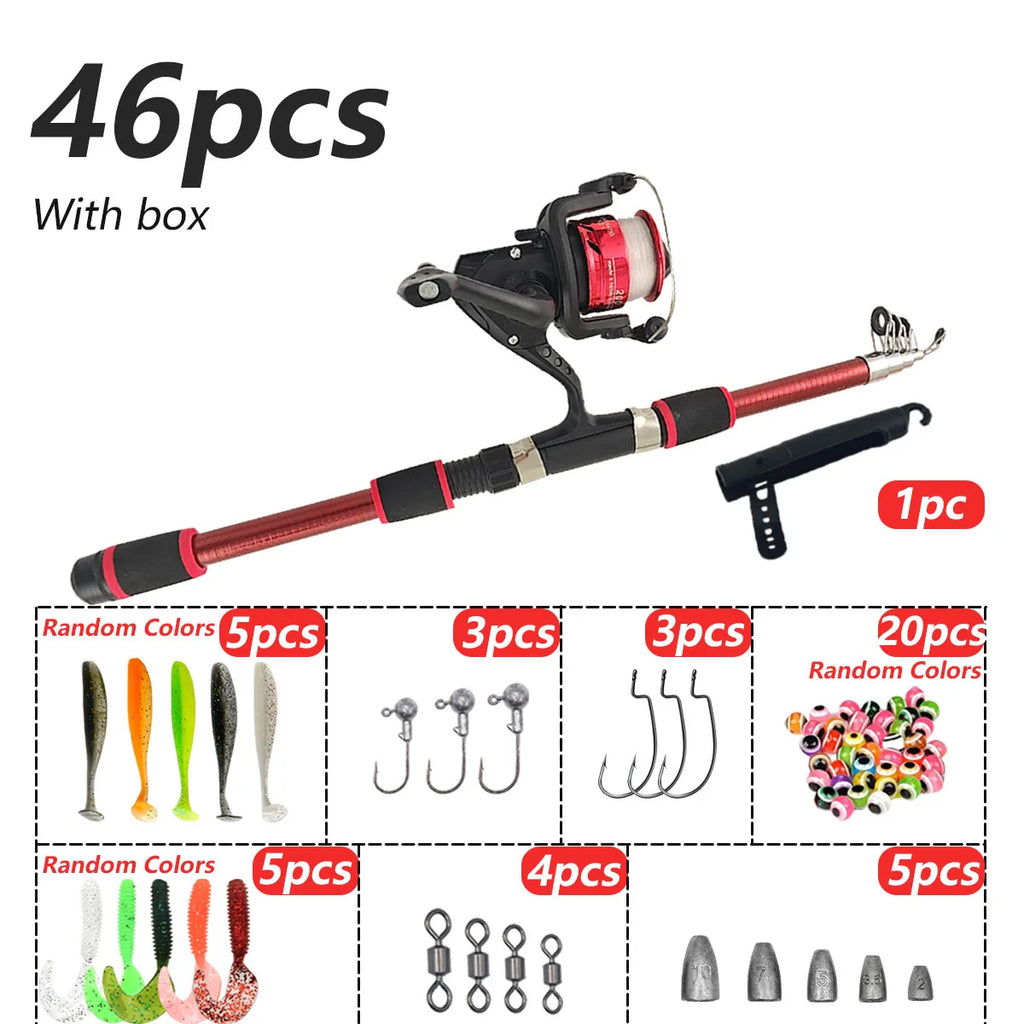 Fishing Rod Reel Combo Full Kit Telescopic Fishing Rods Spinning Reels Set with Hooks Soft Lures Barrel Swivels
