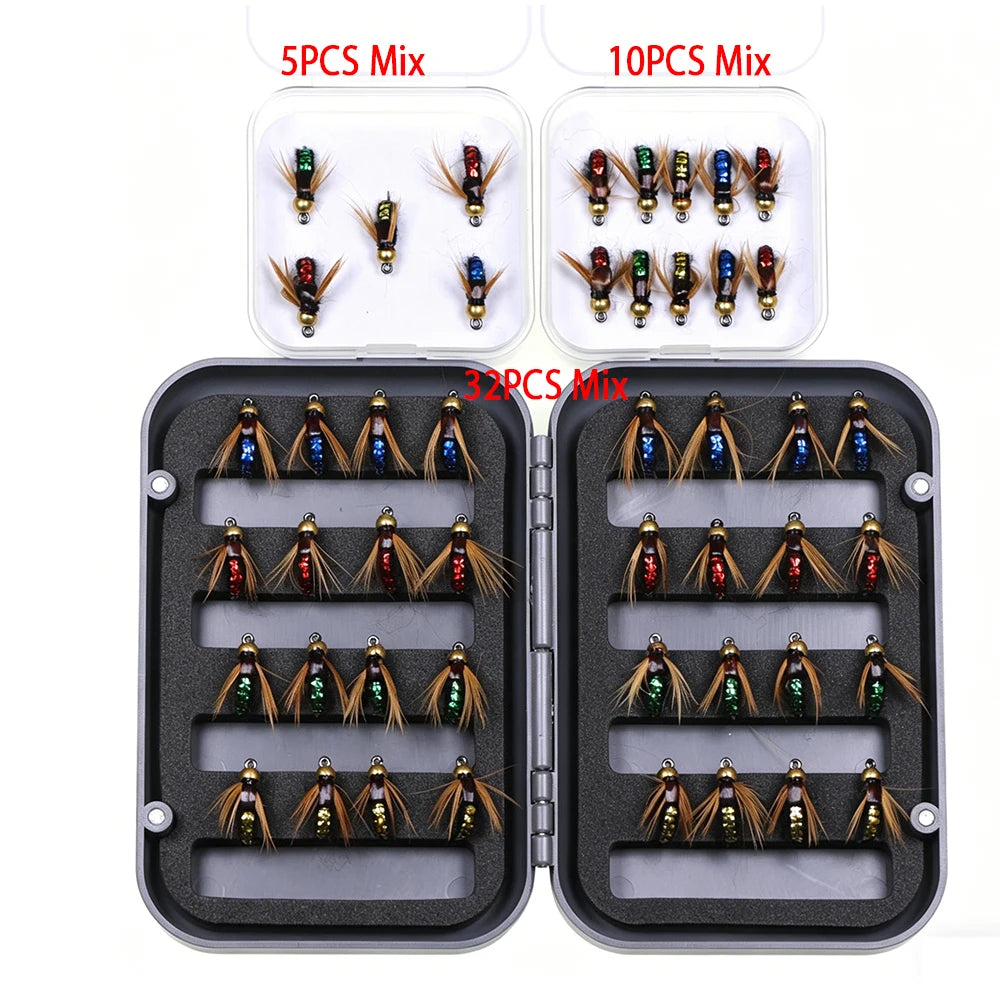 5/10/32pc Flies Kit Brass Bead Head Fast Sinking Nymph Scud Fly Bug Worm Trout Fishing Flies Artificial Insect Bait Fishing Lure