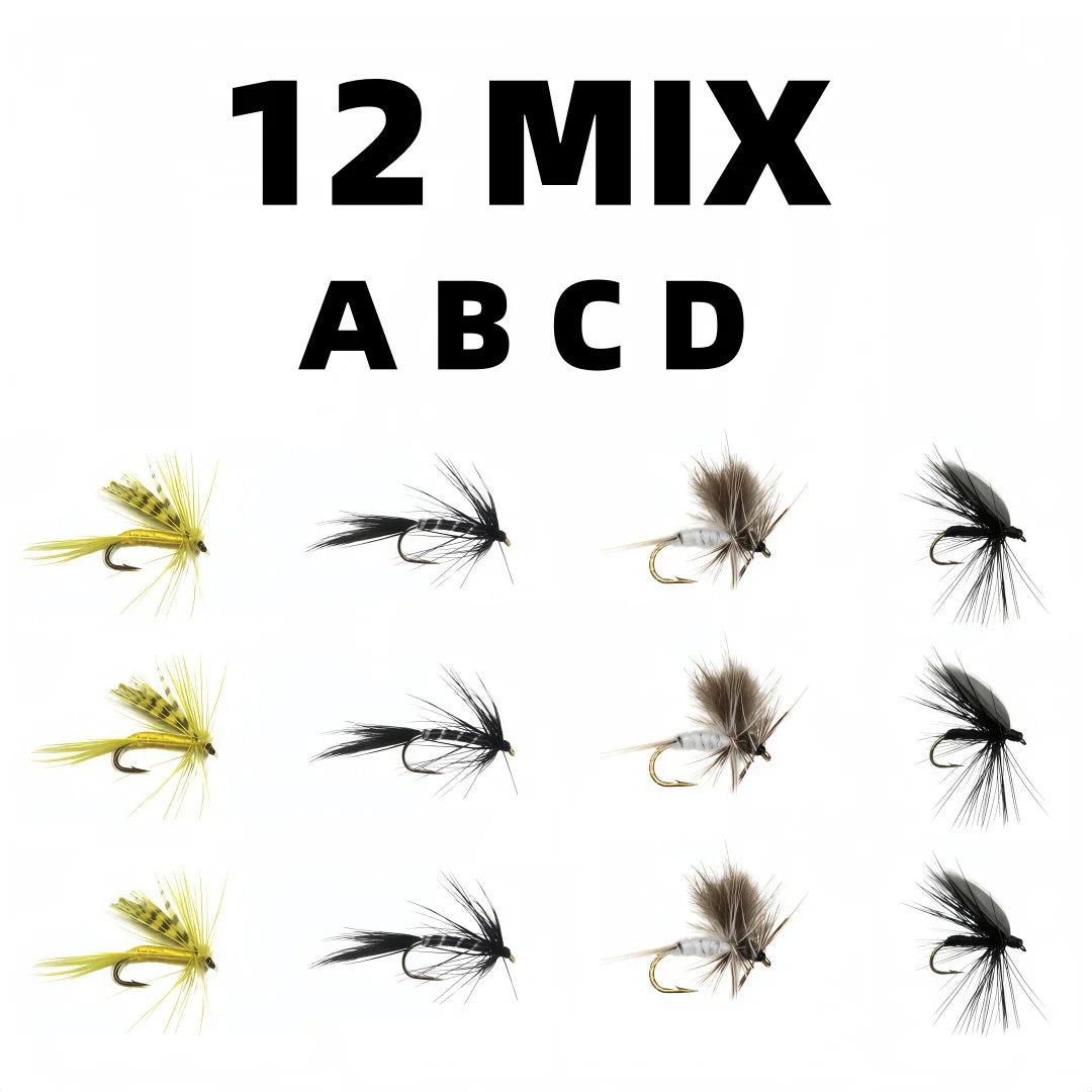 12Pcs Dry Flies for Trout, 4 Sizes Mosquito Imitation Fishing Flies, Premium Fly Fishing Lures for Freshwater Bass Salmon