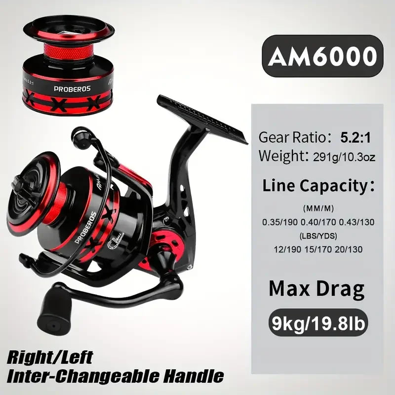 PROBEROS Fishing Reel 5.2:1 1000-6000 Max Drag 9KG Spinning Reels Metal Spool Reel drag fishing reel,Fishing Accessories