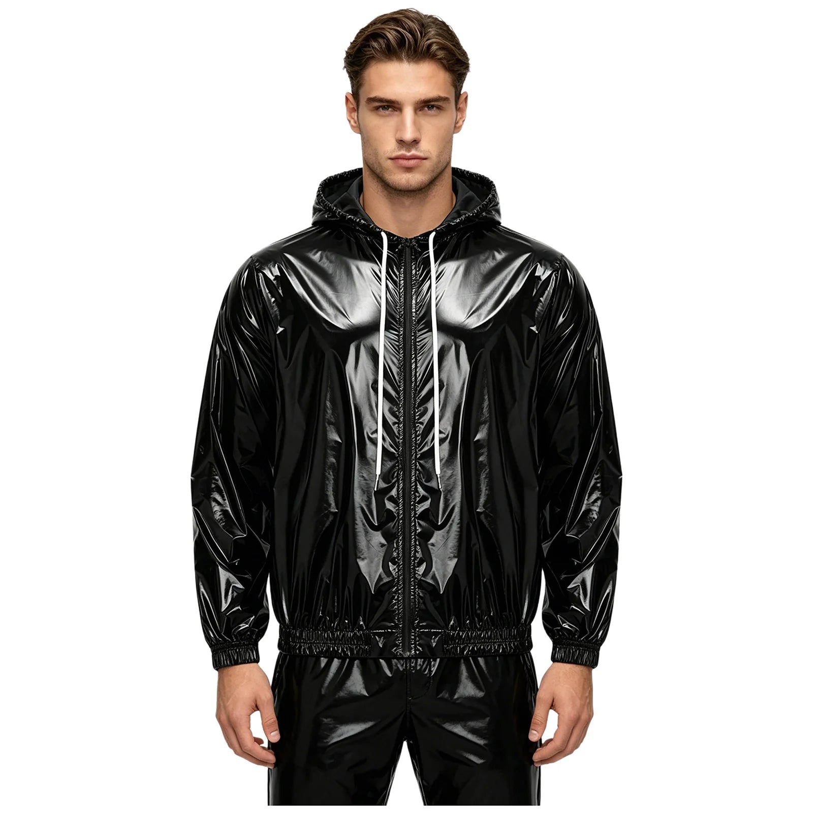 Men Waterproof Hooded Jacket Long Sleeve Front Zip-up Drawstring Hood Outerwear Windbreaker Raincoat for Hiking Fishing Biking