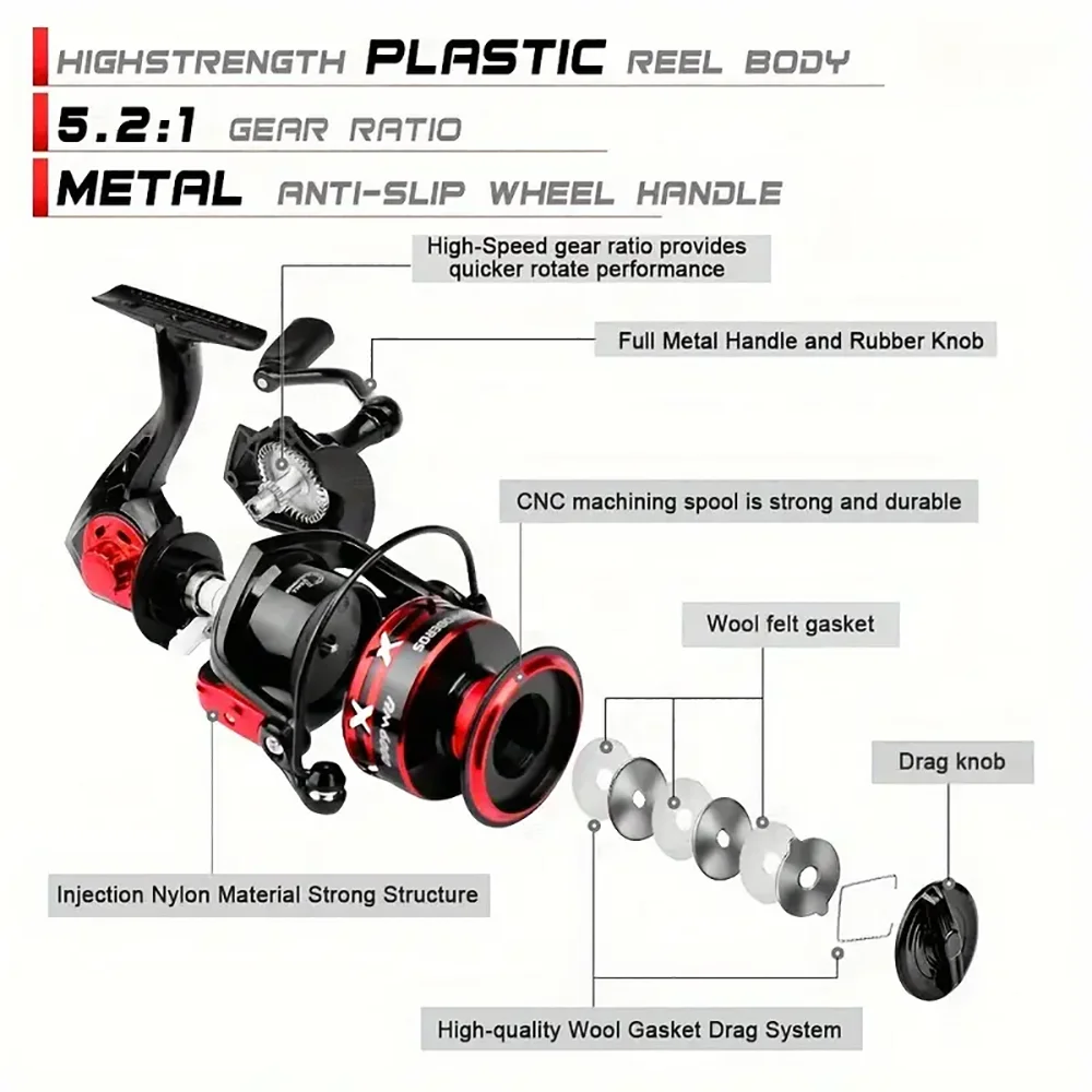 PROBEROS Fishing Reel 5.2:1 1000-6000 Max Drag 9KG Spinning Reels Metal Spool Reel drag fishing reel,Fishing Accessories