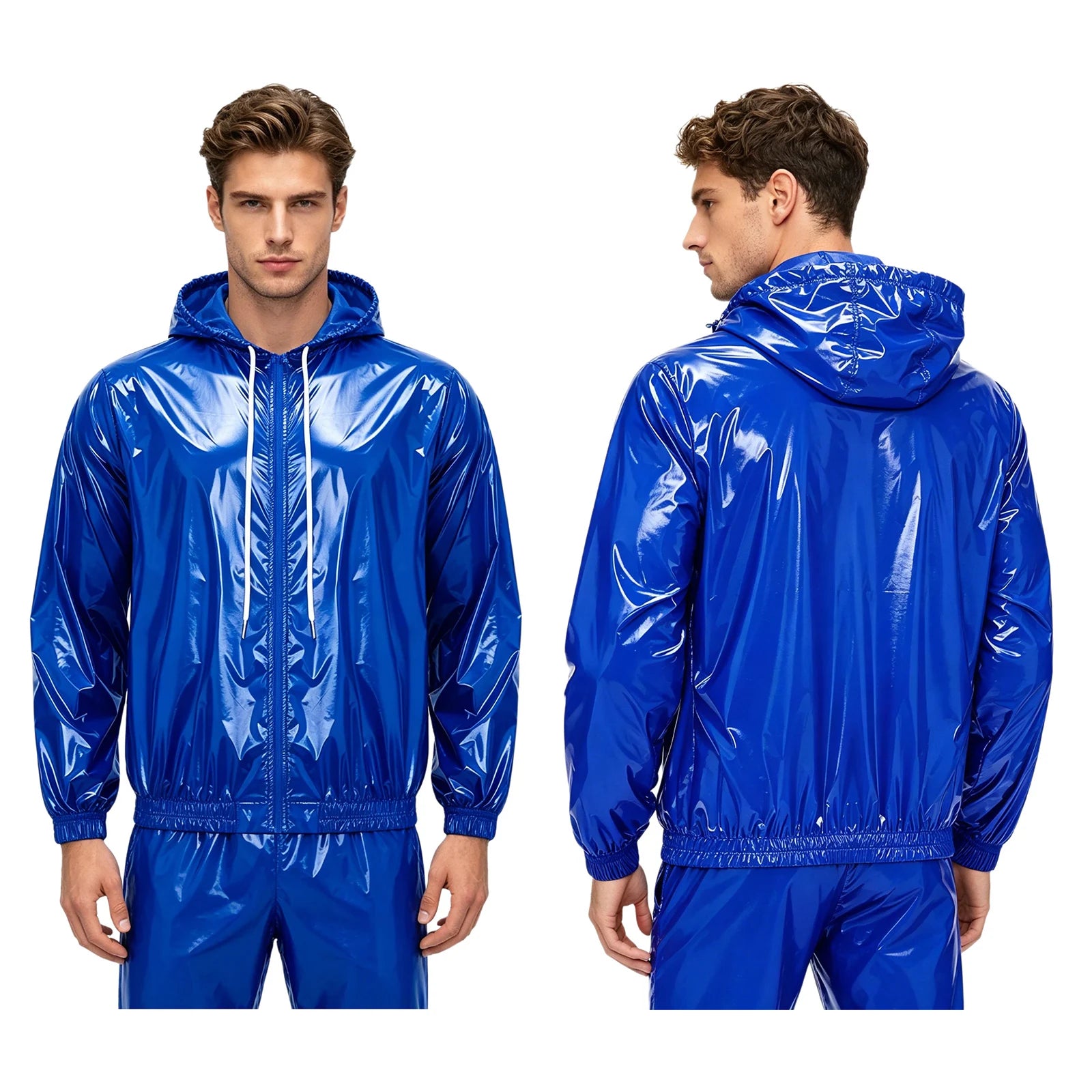 Men Waterproof Hooded Jacket Long Sleeve Front Zip-up Drawstring Hood Outerwear Windbreaker Raincoat for Hiking Fishing Biking