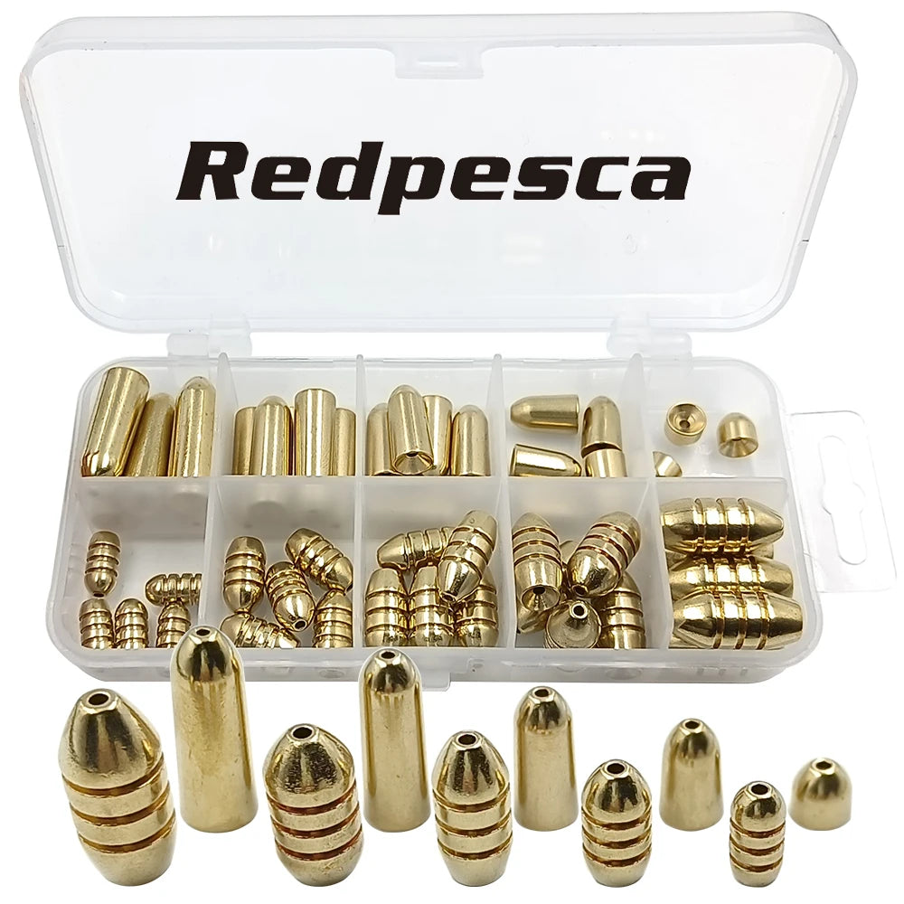 50Pcs Brass Fishing Weights Bullet Copper Sinkers Texas Carolina Rig Tackle Sliding Slip Sinker Worm Weights 1.8g-10g