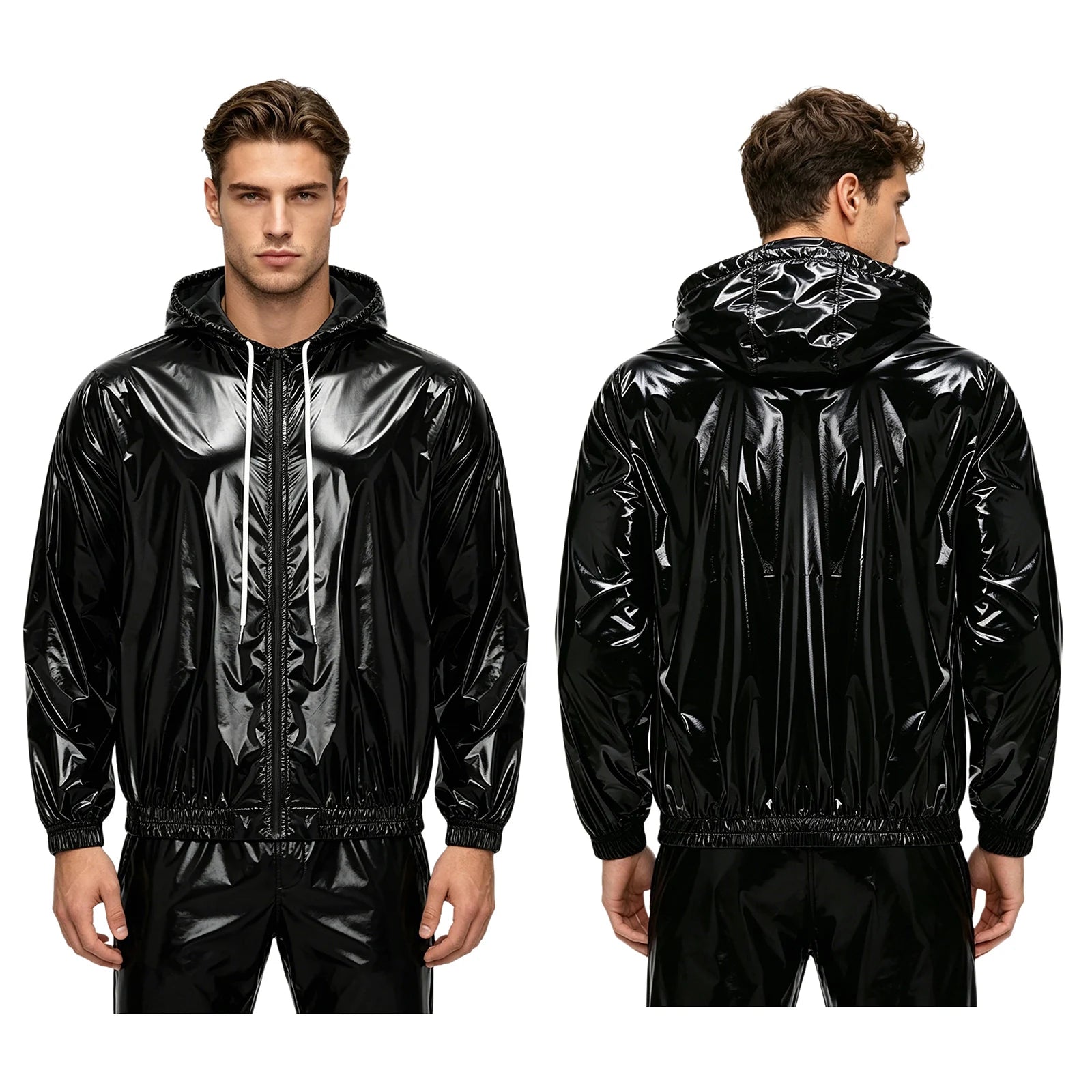 Men Waterproof Hooded Jacket Long Sleeve Front Zip-up Drawstring Hood Outerwear Windbreaker Raincoat for Hiking Fishing Biking