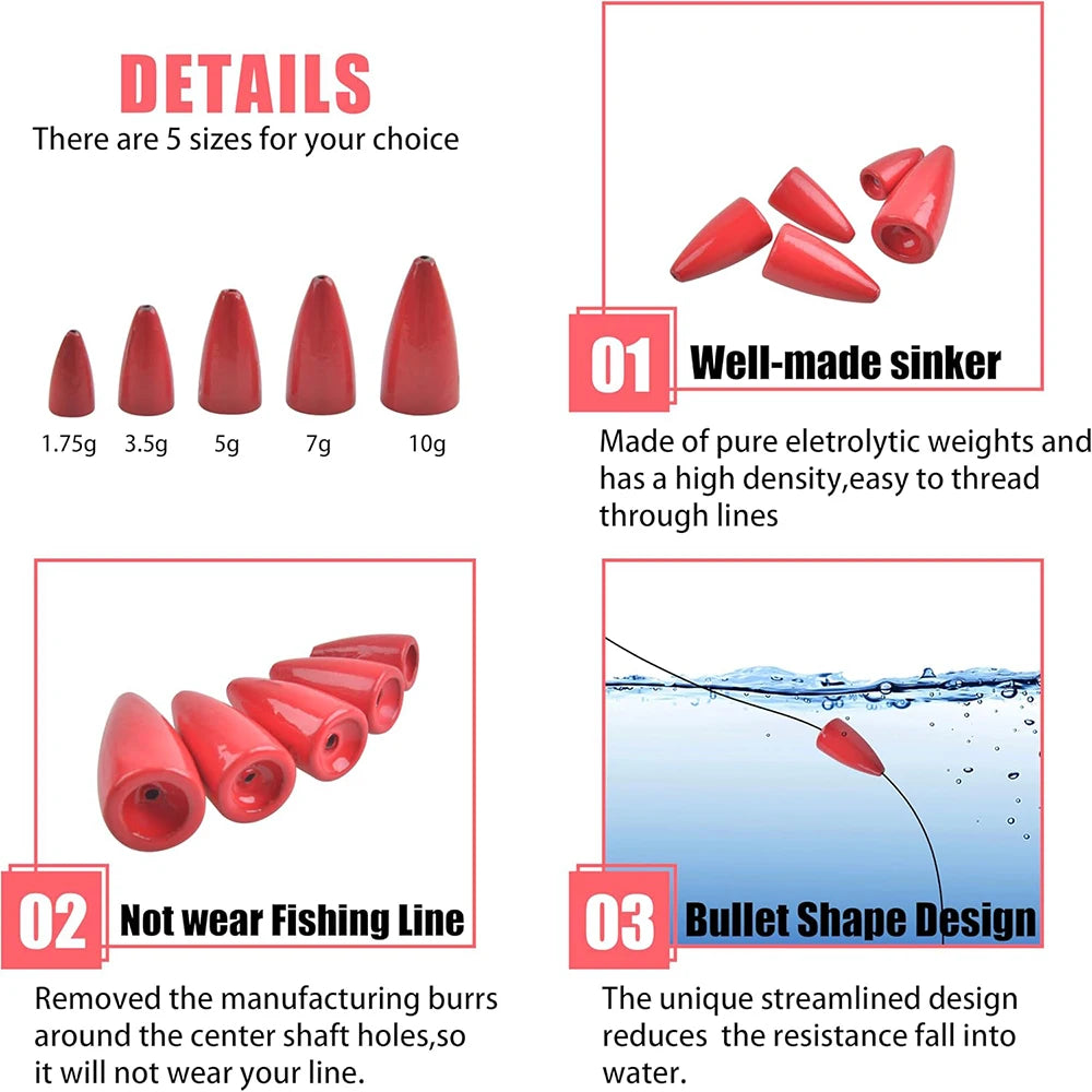 60/30/20/15/10Pcs Fishing Weights Sinkers Bullet Worm Weights Slip Sinkers Sliding Fishing Weights Texas Rigs Tackle Accessories