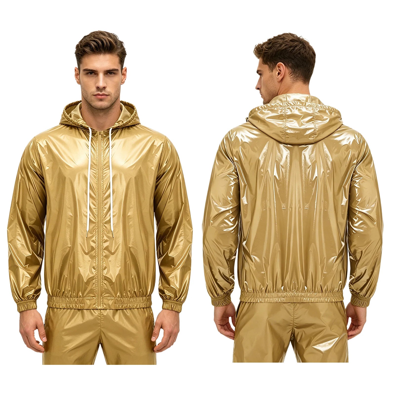 Men Waterproof Hooded Jacket Long Sleeve Front Zip-up Drawstring Hood Outerwear Windbreaker Raincoat for Hiking Fishing Biking