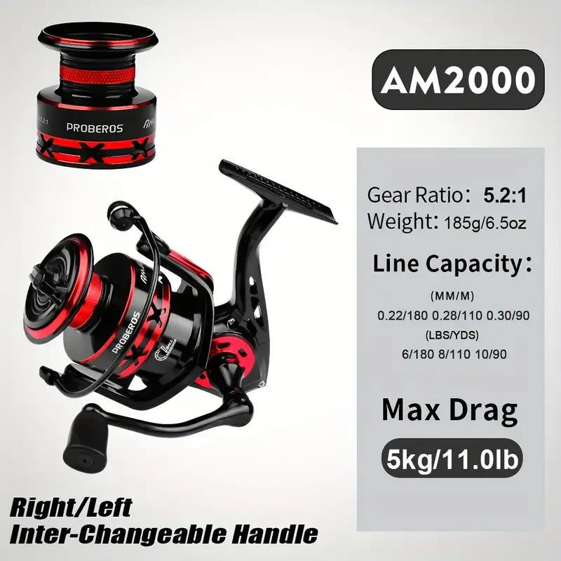 PROBEROS Fishing Reel 5.2:1 1000-6000 Max Drag 9KG Spinning Reels Metal Spool Reel drag fishing reel,Fishing Accessories