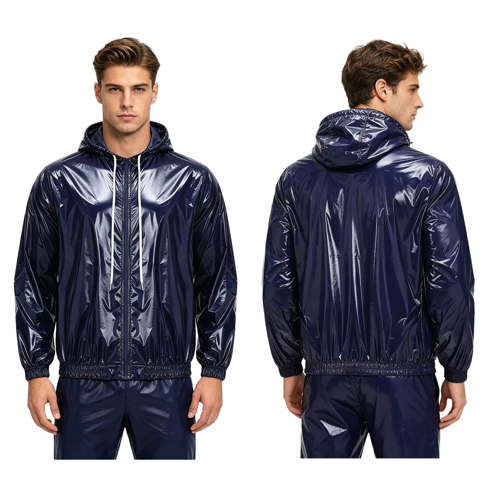 Men Waterproof Hooded Jacket Long Sleeve Front Zip-up Drawstring Hood Outerwear Windbreaker Raincoat for Hiking Fishing Biking