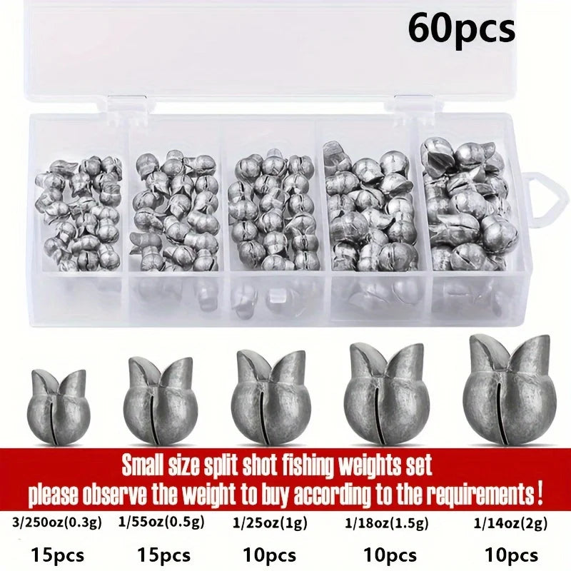 60/120pcs Fishing Weights Kit,Premium Split Shot Sinkers with 5 Versatile Sizes, Round Removable Design, Perfect for Freshwater